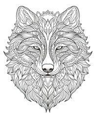Mandala, black and white illustration for coloring animals, wolf.