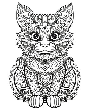 recommend clip art: Mandala, black and white illustration for coloring animals, cat.