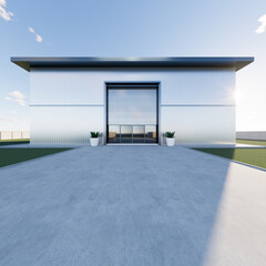 3d rendering of exterior of commercial building design. May called modern factory, warehouse, shop or store. Include metal door or roller shutter, space on concrete floor for industrial background.