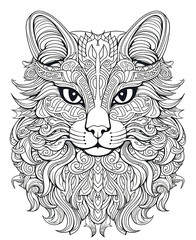 Mandala, black and white illustration for coloring animals, cat.