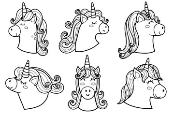 Cute unicorn heads outline collection. Magic horse characters black and white set for kids. Happy animals clipart for coloring page. Vector illustration - 632091912