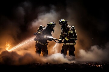 Firefighters Employ High-Pressure Nozzle in Action. Generative AI