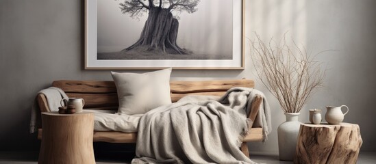 Cozy home decor includes a natural tree stump table, a plant, posters, and a soft gray cotton blanket resting on a wooden beige couch.
