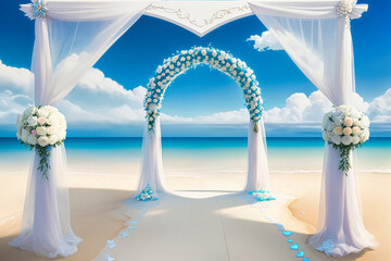 Fototapeta na wymiar beach wedding venue, wedding setup, cabana, arch, gazebo decorated with flowers, beach wedding setup