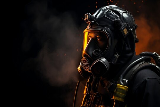 Gasmask Firefighter In Profile. Generative AI