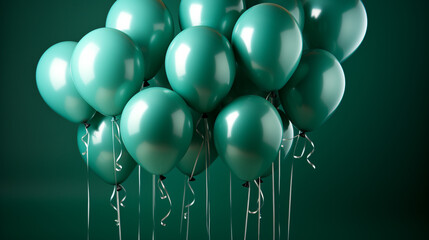 teal green helium party balloons floating on a teal green background