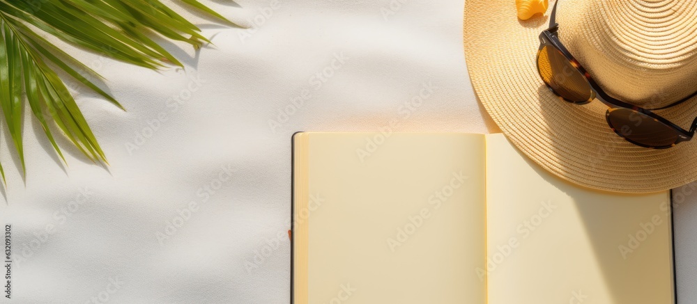 Fototapete A writing book with summer beach accessories in the background is shown in a flat lay. copy space available in the image.