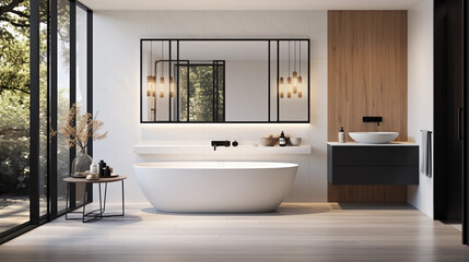 A sleek and modern bathroom with a minimalist white vanity and sleek black fixtures, featuring a large shower and luxurious freestanding bathtub