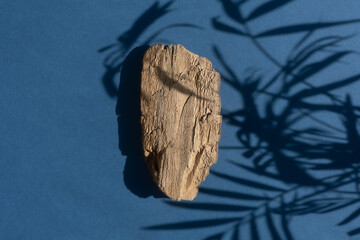Abstract minimal tree bark scene. Natural wooden podium on a blue background with a shadow of palm leaves. Concept natural cosmetics with organic components. Empty showcase, display case.