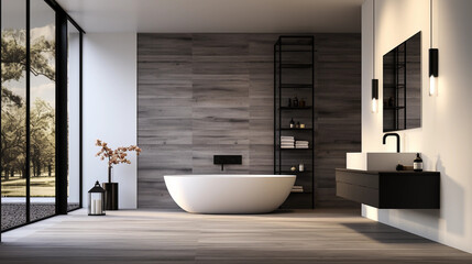 Fototapeta na wymiar A sleek and modern bathroom with a minimalist white vanity and sleek black fixtures, featuring a large shower and luxurious freestanding bathtub