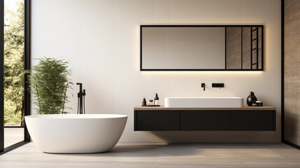 Naklejka na ściany i meble A sleek and modern bathroom with a minimalist white vanity and sleek black fixtures, featuring a large shower and luxurious freestanding bathtub