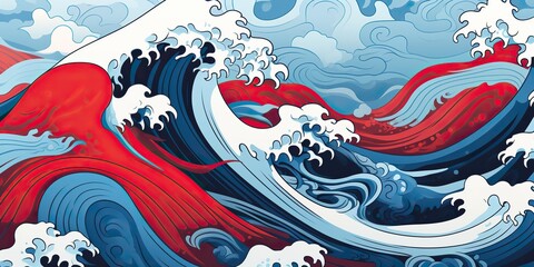 AI Generated. AI Generative.Vintage retro old style drawn paint sea ocean river water waves in minimal Japanese style. Marine and nautical  illustration. Graphic Art
