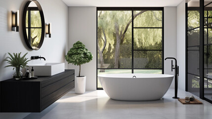 A sleek and modern bathroom with a minimalist white vanity and sleek black fixtures, featuring a large shower and luxurious freestanding bathtub