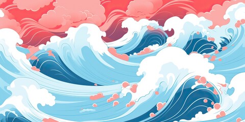 AI Generated. AI Generative.Vintage retro old style drawn paint sea ocean river water waves in minimal Japanese style. Marine and nautical  adventure travel vibe