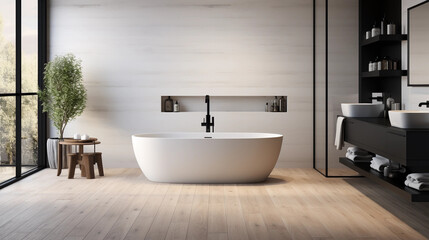 Naklejka na ściany i meble A sleek and modern bathroom with a minimalist white vanity and sleek black fixtures, featuring a large shower and luxurious freestanding bathtub