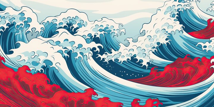 AI Generated. AI Generative.Vintage retro old style drawn paint sea ocean river water waves in minimal Japanese style. Marine and nautical  adventure travel vibe