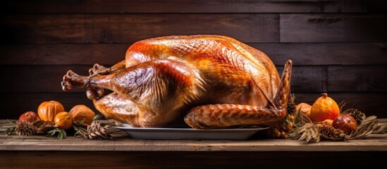 A Thanksgiving or Christmas turkey placed on a rustic wooden table.