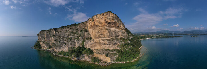 Aerial view of rocca di manerba, punta sasso lake garda. Aerial panorama on punta sasso. Panorama of rocca di manerba, punta sasso on lake garda italy.