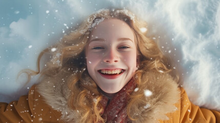 Fototapeta premium Happy woman lies on the snow. Pretty ginger lady enjoys winter. Top view, close up Christmas portrait.