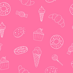 sweets seamless pattern hand drawn in doodle style. food background, wallpaper, textile, wrapping paper, wallpaper
