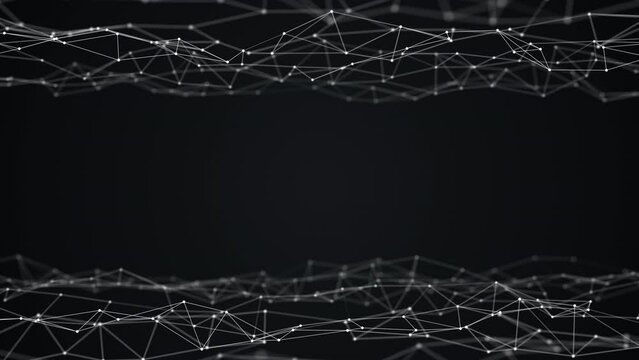 Abstract 3D animated background motion transformation white dots lines in plexus grid on black background top and bottom border, future innovation digital network, 4K loop slow motion live wallpaper