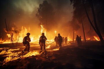 Water Spraying by Firefighters on Wildfire. Generative AI