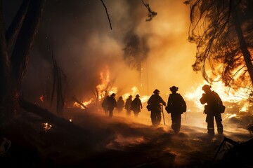 Obraz na płótnie Canvas Firefighters Battling Wildfire Using Water. Generative AI