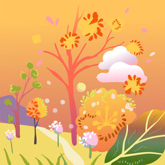 Seasons, nature in different periods, autumn. Vector illustration, season change concept, sticker. Banner.