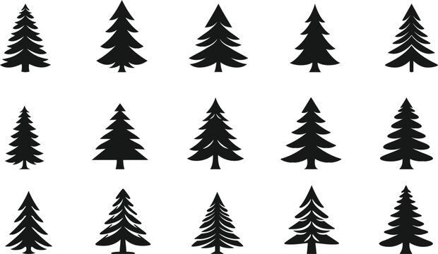 set of Christmas tree silhouettes on white background. Vector illustration