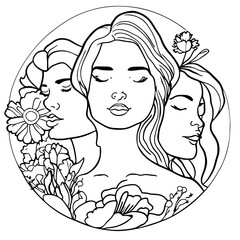 Women's faces in one line art style with flowers and leaves.Continuous line art in elegant style for prints, tattoos, posters, textile, cards etc. Beautiful women face Vector illustration
