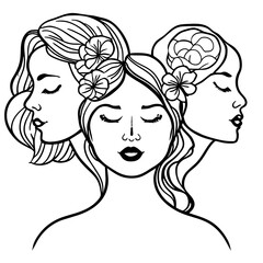 Women's faces in one line art style with flowers and leaves.Continuous line art in elegant style for prints, tattoos, posters, textile, cards etc. Beautiful women face Vector illustration
