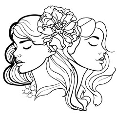 Women's faces in one line art style with flowers and leaves.Continuous line art in elegant style for prints, tattoos, posters, textile, cards etc. Beautiful women face Vector illustration
