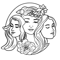 Women's faces in one line art style with flowers and leaves.Continuous line art in elegant style for prints, tattoos, posters, textile, cards etc. Beautiful women face Vector illustration

