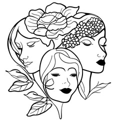 Women's faces in one line art style with flowers and leaves.Continuous line art in elegant style for prints, tattoos, posters, textile, cards etc. Beautiful women face Vector illustration

