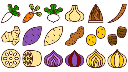 根菜と鱗茎野菜のアイコンセット。シンプルなベクターイラスト。 Root and bulb vegetables icon set. Simple vector illustrations.