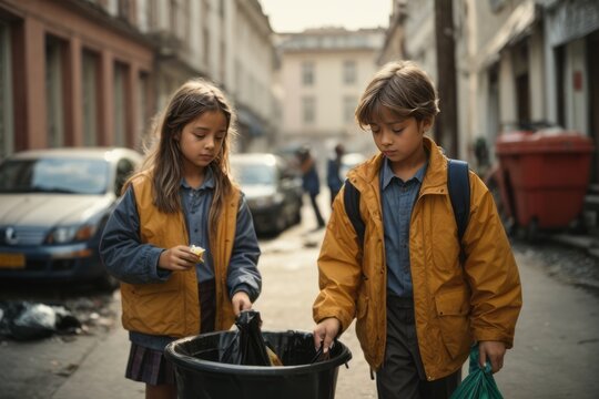 Children collect garbage on the streets of the city, photography, environmental pollution problem