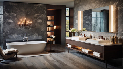 sleek grey marble bathroom with LED lighting, double vanity, and freestanding bathtub