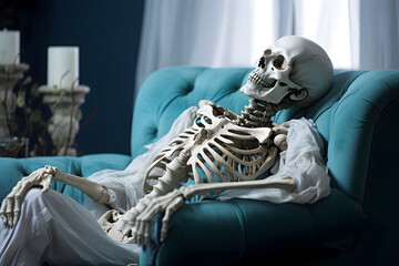 human skeleton sitting on blue sofa, horror halloween concept image  Generative ai 