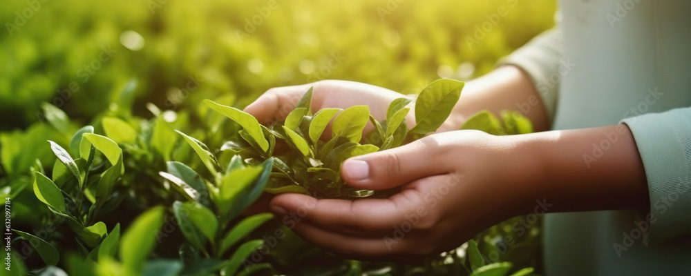 Wall mural Female hands gathering tea leaves on background of a tea plantation. Copy space