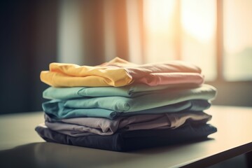 Fototapeta na wymiar T-shirt stack laundry day. Generate Ai