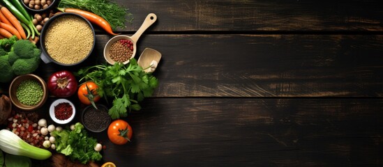 Fototapeta na wymiar Clean eating food featuring a variety of organic vegetable ingredients, accompanied by an empty iron cooking pot, wooden bowls, and spoons on a wooden background. This top view composition offers