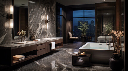 Fototapeta na wymiar sleek grey marble bathroom with LED lighting, double vanity, and freestanding bathtub