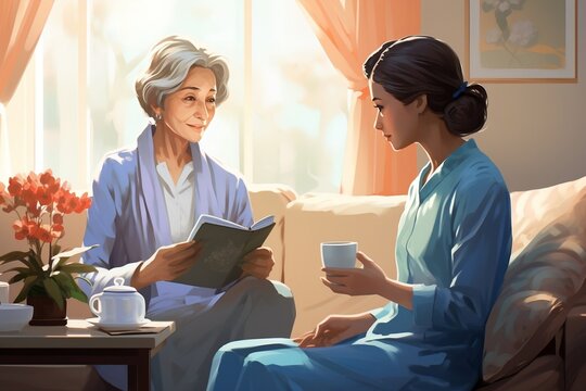 Health Visitor Assisting Senior Woman at Home. Generative AI