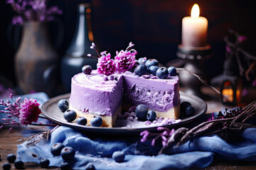 Obraz na płótnie Canvas Blueberry Cheesecake with a blueberry coulis