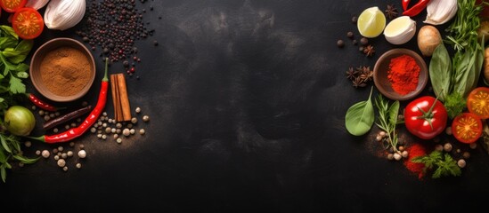 food cooking background, with a cutting board, spices, herbs, and vegetables placed on a black slate table. The view is from the top, and space available for adding text. - Powered by Adobe