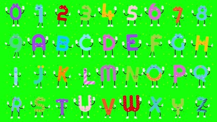 Funny alphabet characters with face and leg expressions, alpha channel 4k video animation. Animated cartoon numbers and letters designed to inspire creativity and learning. Colorful kids typeface.