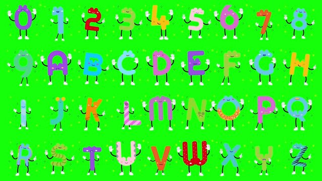 Funny alphabet characters with face and leg expressions, alpha channel 4k video animation. Animated cartoon numbers and letters designed to inspire creativity and learning. Colorful kids typeface.