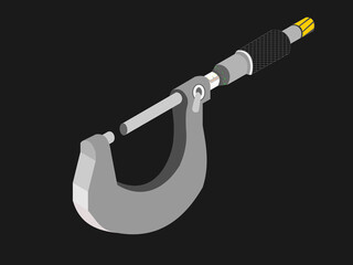 An isometric view of Outside Micrometer with marking isolated on black background. It is used to measure external dimensions such as the outside diameter of an object