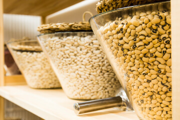 Self service bulk organic food. Eco-friendly zero waste shop. Small local business. Chickpea and beans