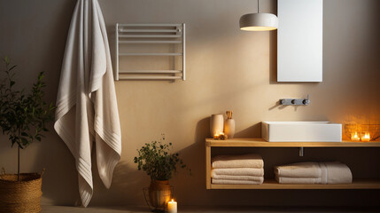 Obraz na płótnie Canvas cozy bathroom ambiance, fluffy towel hanging from a towel rack, warm golden lighting creating a soothing atmosphere, minimalist and spa